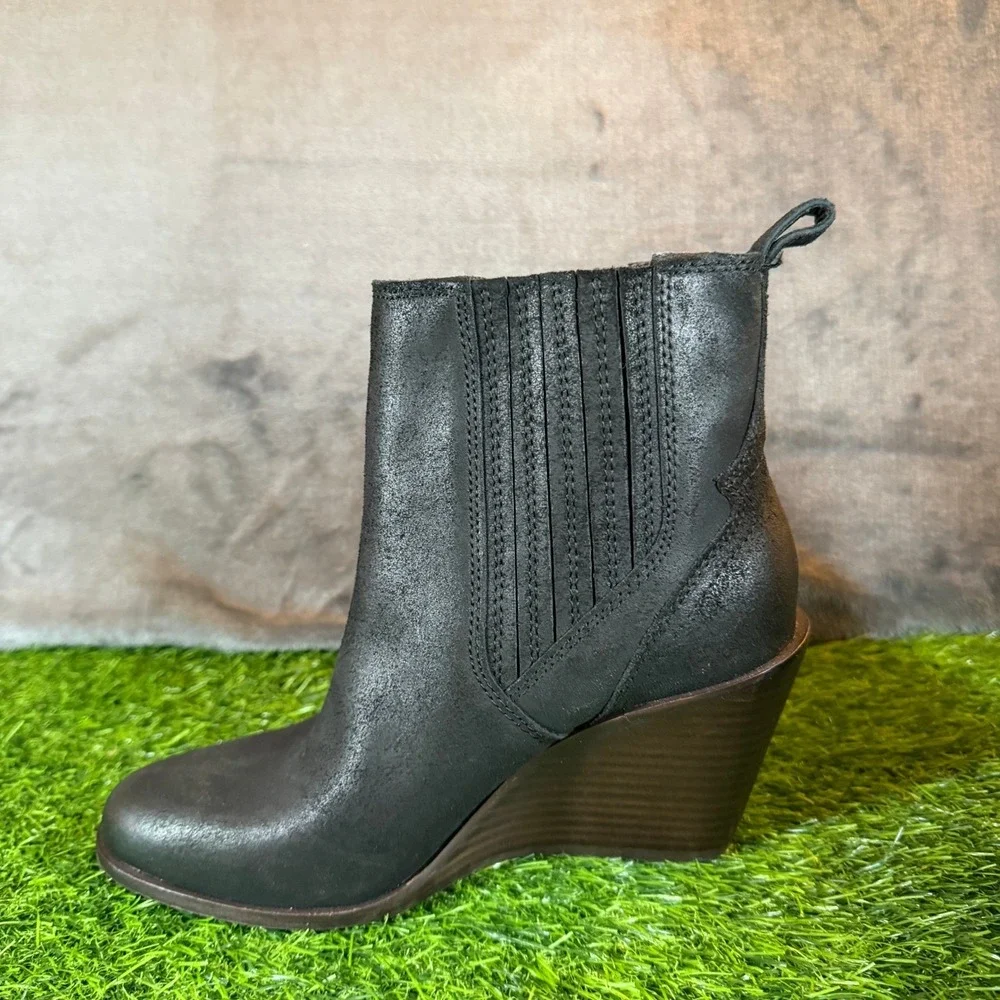Lucky Brand Wilano Wedge Booties Womens Size 7 Black Leather Elastic Gore